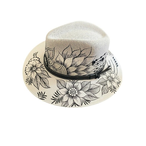 MEXICAN Artisanal Hat Hand Painted Fedora Floral Sombrero Panama Bohemian Large - Picture 2 of 9